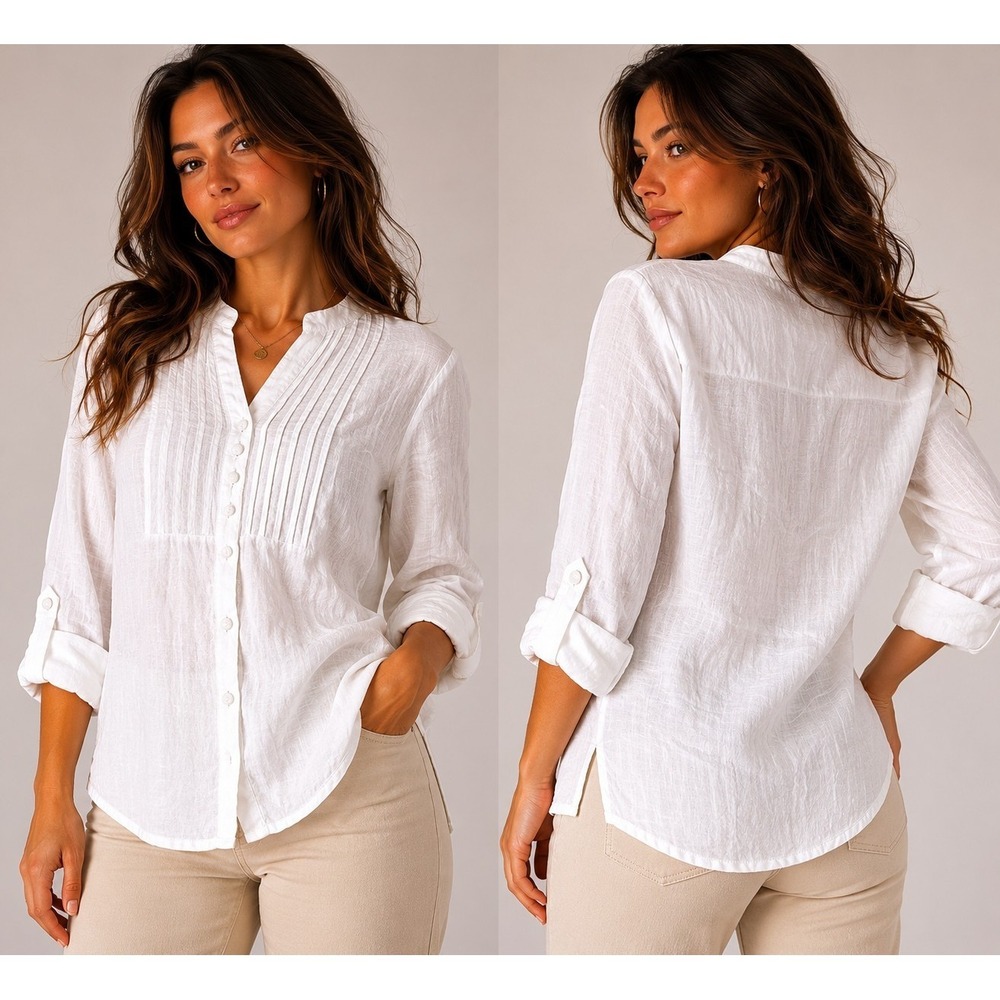 JM Collection 100% Linen White Blouse Womens Size 10 Roll Tab Sleeve Top